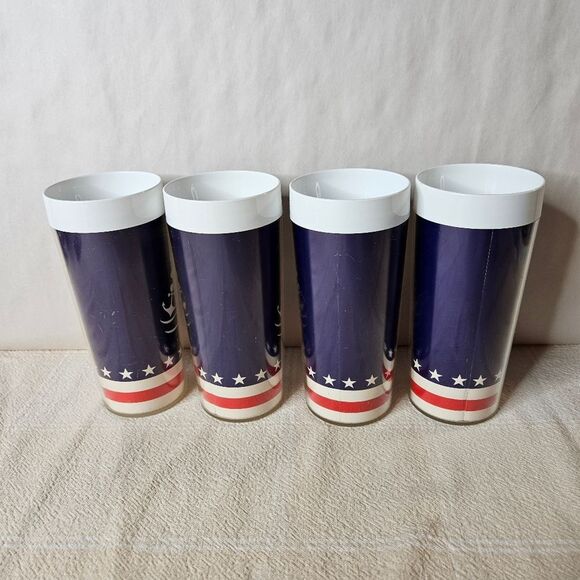 Vintage 70's Thermo-Serv Nautical Red White Blue Plastic Tall Tumblers Set of 4 - Picture 2 of 6